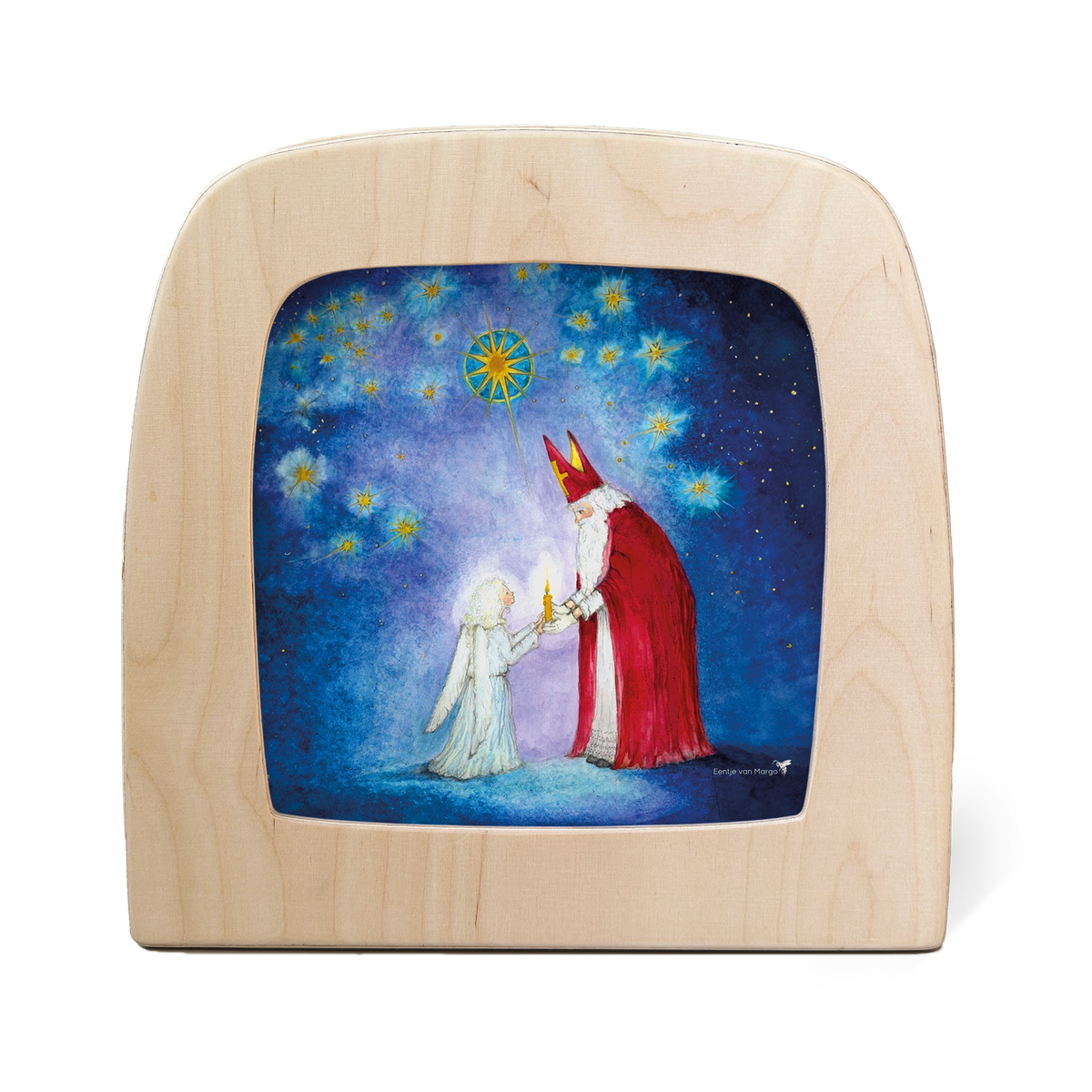 Toverlux Silhouettenlampe mit Holzrahmen, Motiv Figur im roten Umhang mit Kind unter Sternen