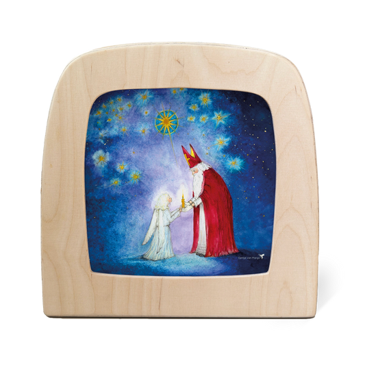 Toverlux Silhouettenlampe mit Holzrahmen, Motiv Figur im roten Umhang mit Kind unter Sternen