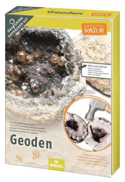 Geoden-Entdecker-Set Moses mit Rohsteinen, Schutzbrille und Werkzeugen zum Aufbrechen