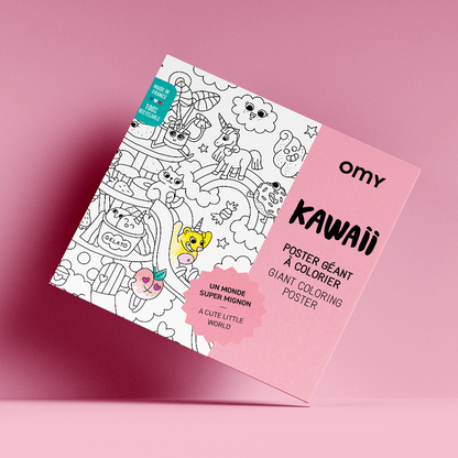 OMY Kawaii Riesen-Ausmalposter mit rosa Verpackung, auf der weiße Malvorlage mit süßen Motiven sichtbar ist