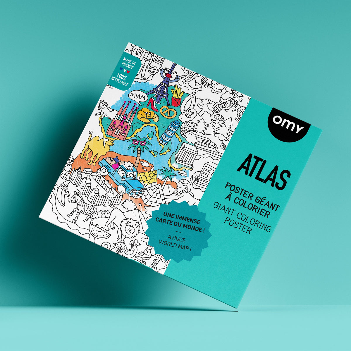 OMY Atlas Riesen-Ausmalposter, türkise Verpackung mit buntem Poster-Ausschnitt