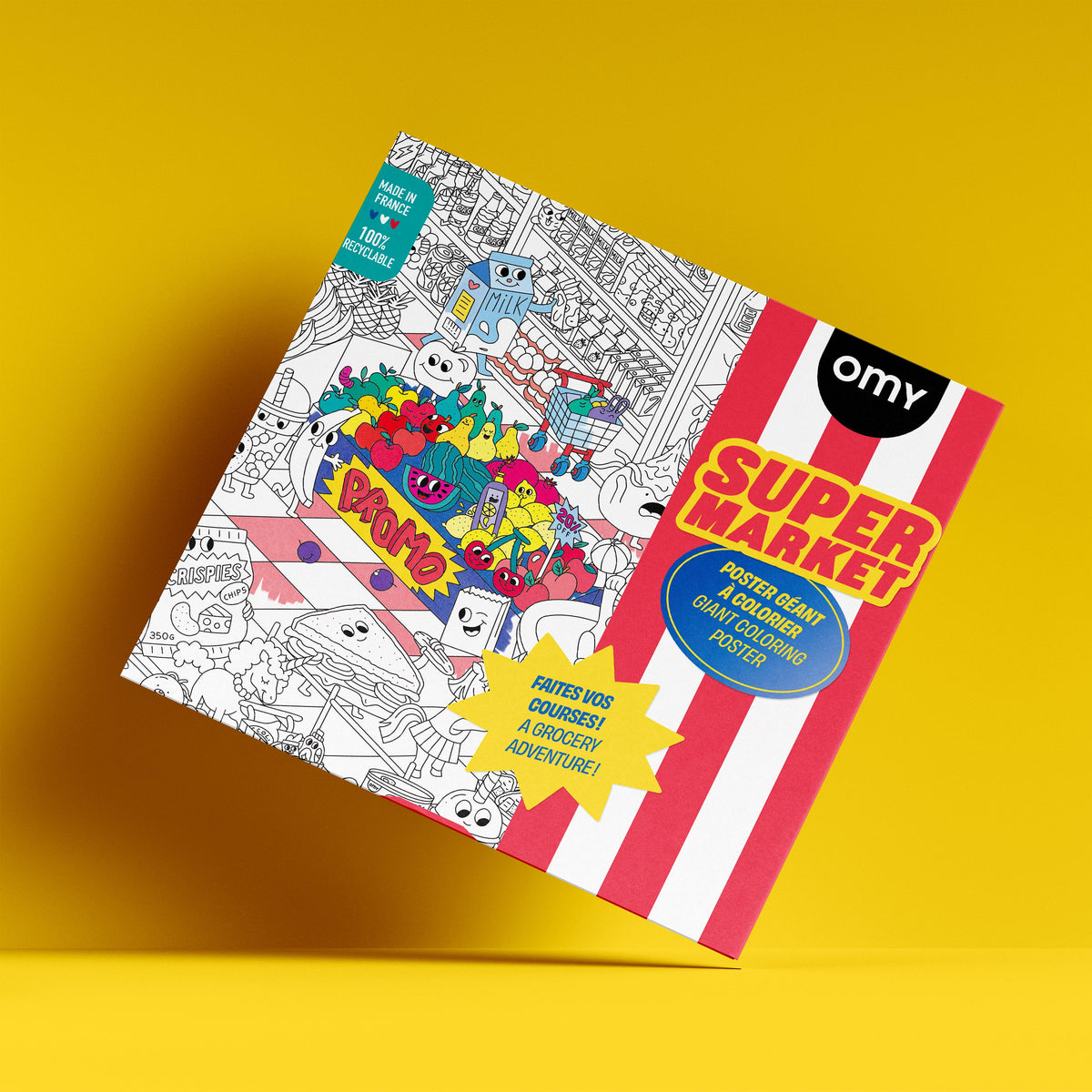 OMY Supermarkt-Riesen-Ausmalposter Verpackung mit rot-weiß gestreiftem Design und buntem Ausmalmotiv auf gelbem Hintergrund