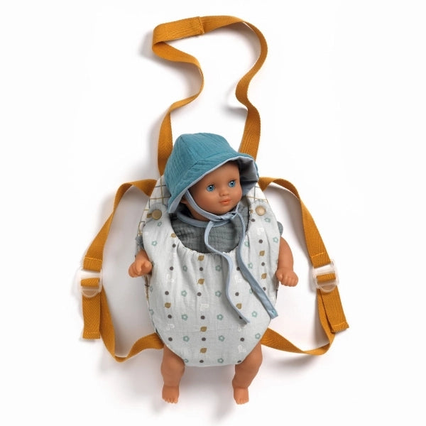 Puppentrage POMEA in Blaugrau mit verstellbaren Trägern und Babyträger-Design