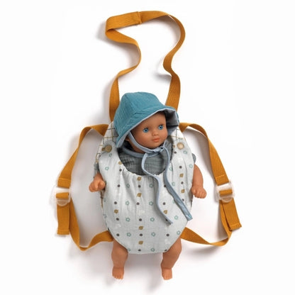 Puppentrage POMEA in Blaugrau mit verstellbaren Trägern und Babyträger-Design