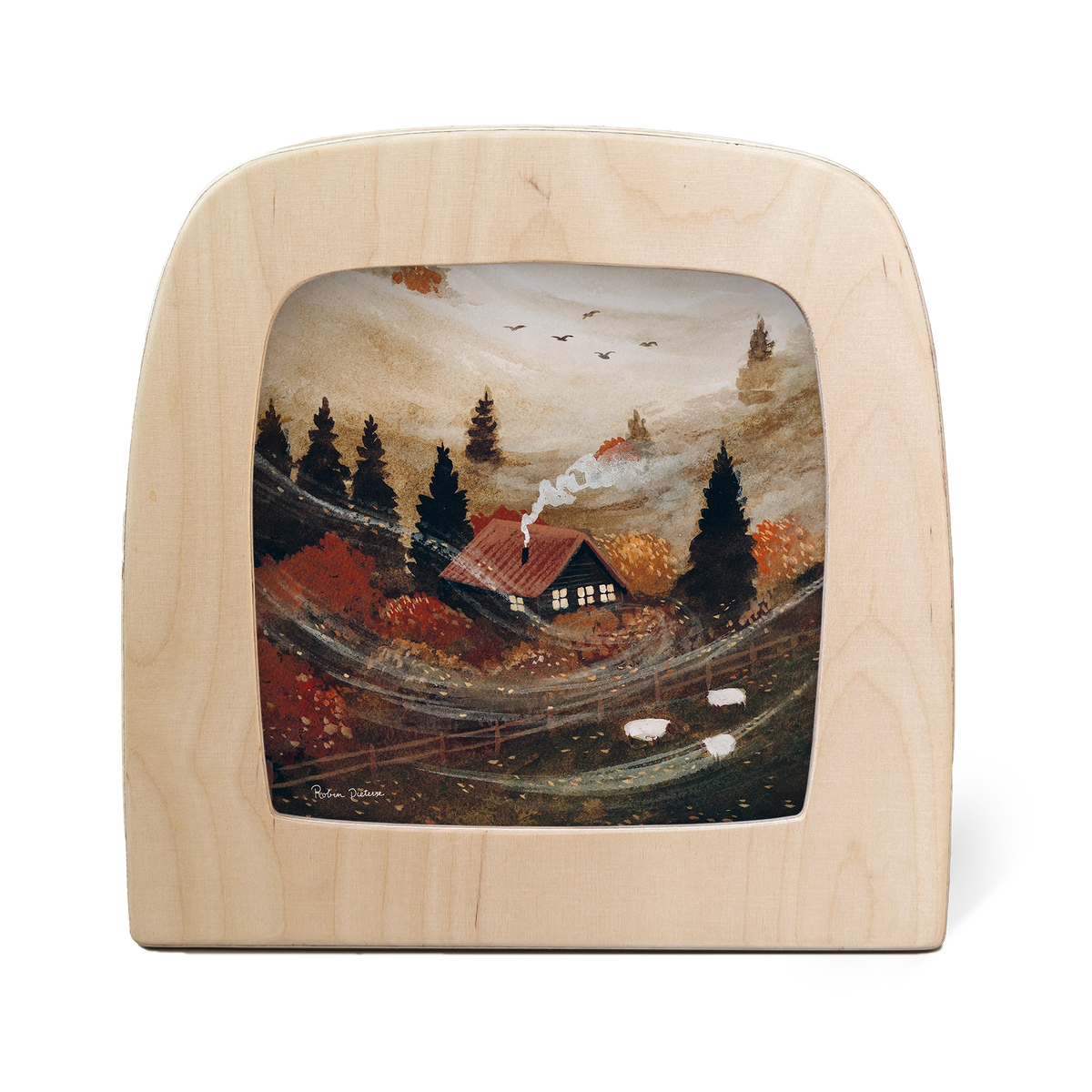 Toverlux Silhouettenlampe October Cottage mit Herbstlandschaft und rotem Haus zwischen Fichten