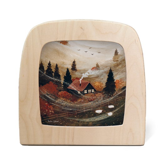 Toverlux Silhouettenlampe October Cottage mit Herbstlandschaft und rotem Haus zwischen Fichten