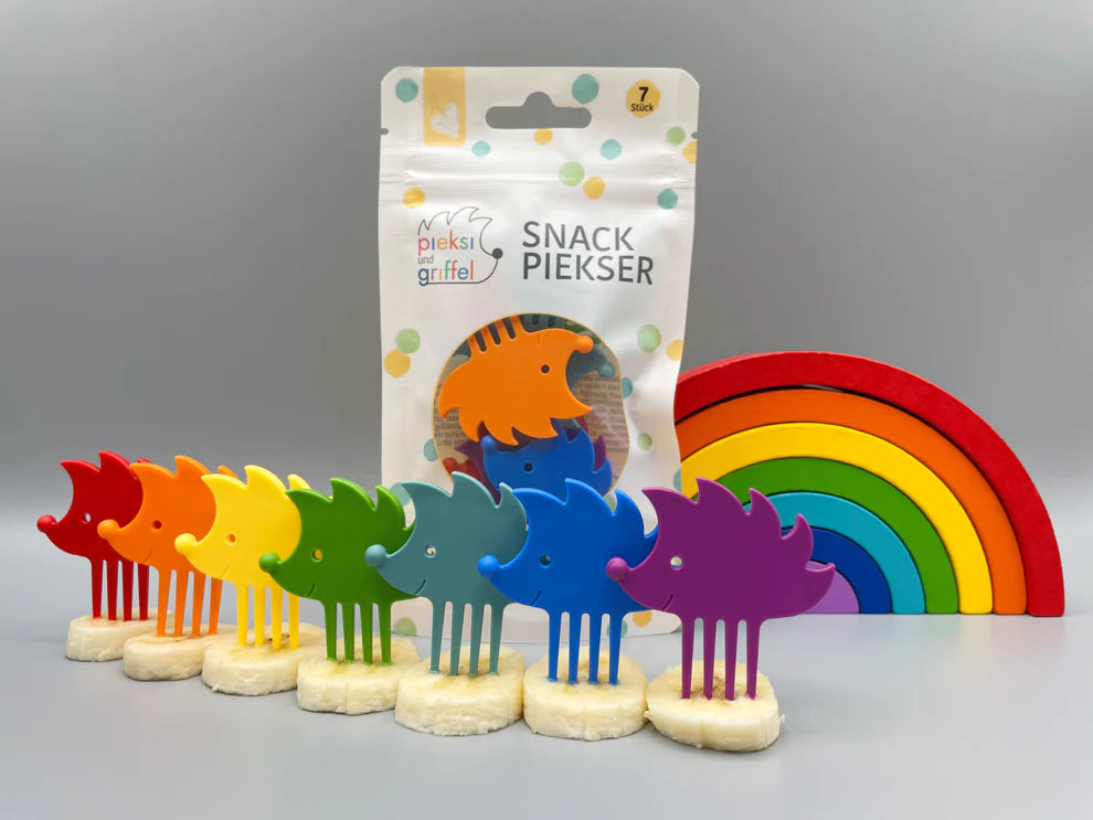 Sieben Igel-Pieksis pieksi und griffel in Regenbogenfarben Lila, Blau, Türkis, Grün, Gelb, Orange und Rot
