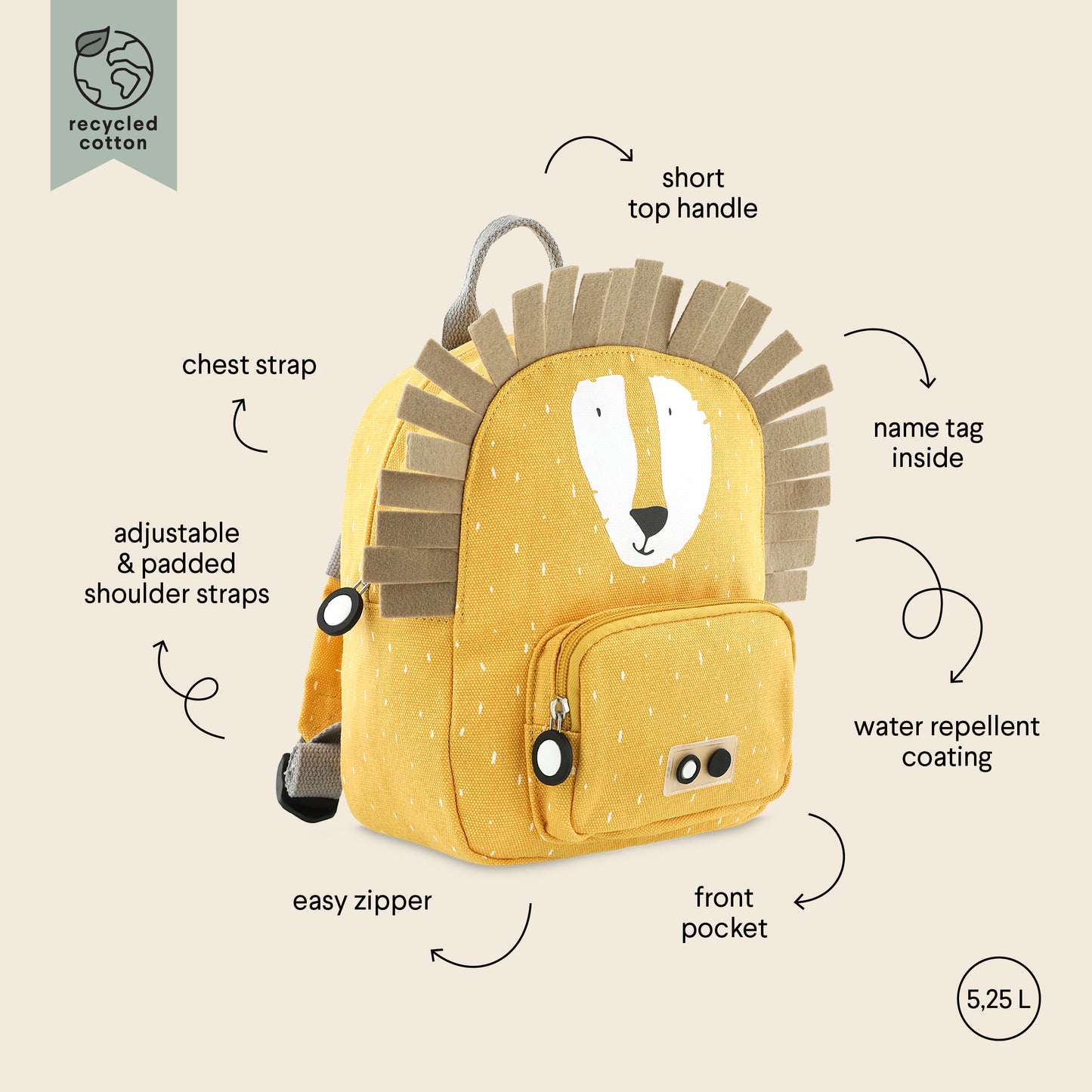Trixie-Rucksack klein Mr. Lion mit Löwen-Motiv in Creme und Orange, 5,25 Liter