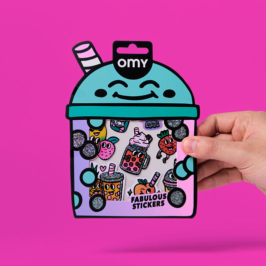 OMY Bubble Tea Sticker-Dose mit lächelndem Gesicht und türkisem Deckel, Hand greift danach