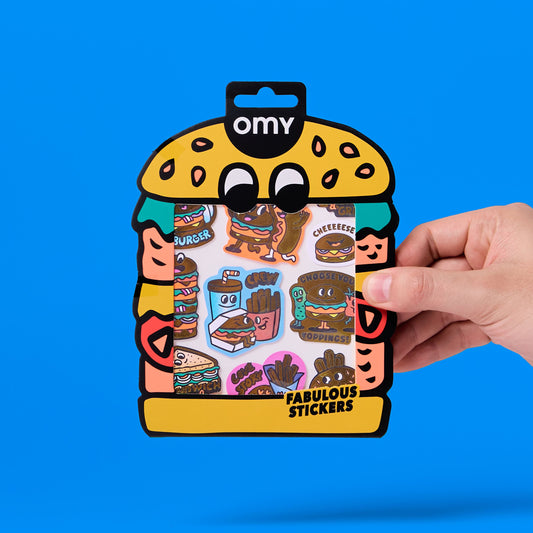 OMY Burger Sticker Set, Verpackung in Hamburger-Form mit gelben Brötchen und bunten Fastfood-Stickern