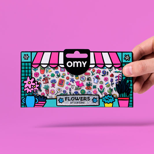 OMY Boutique Flowers Sticker Packung mit bunten Blumen- und Pflanzenmotiven, türkis-pinkem Rahmen