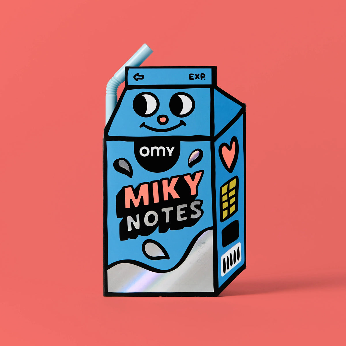 OMY Miky Notes Haftnotizen in Milchkarton-Form, blaue Verpackung mit lachendem Gesicht von der Seite, rosa Hintergrund