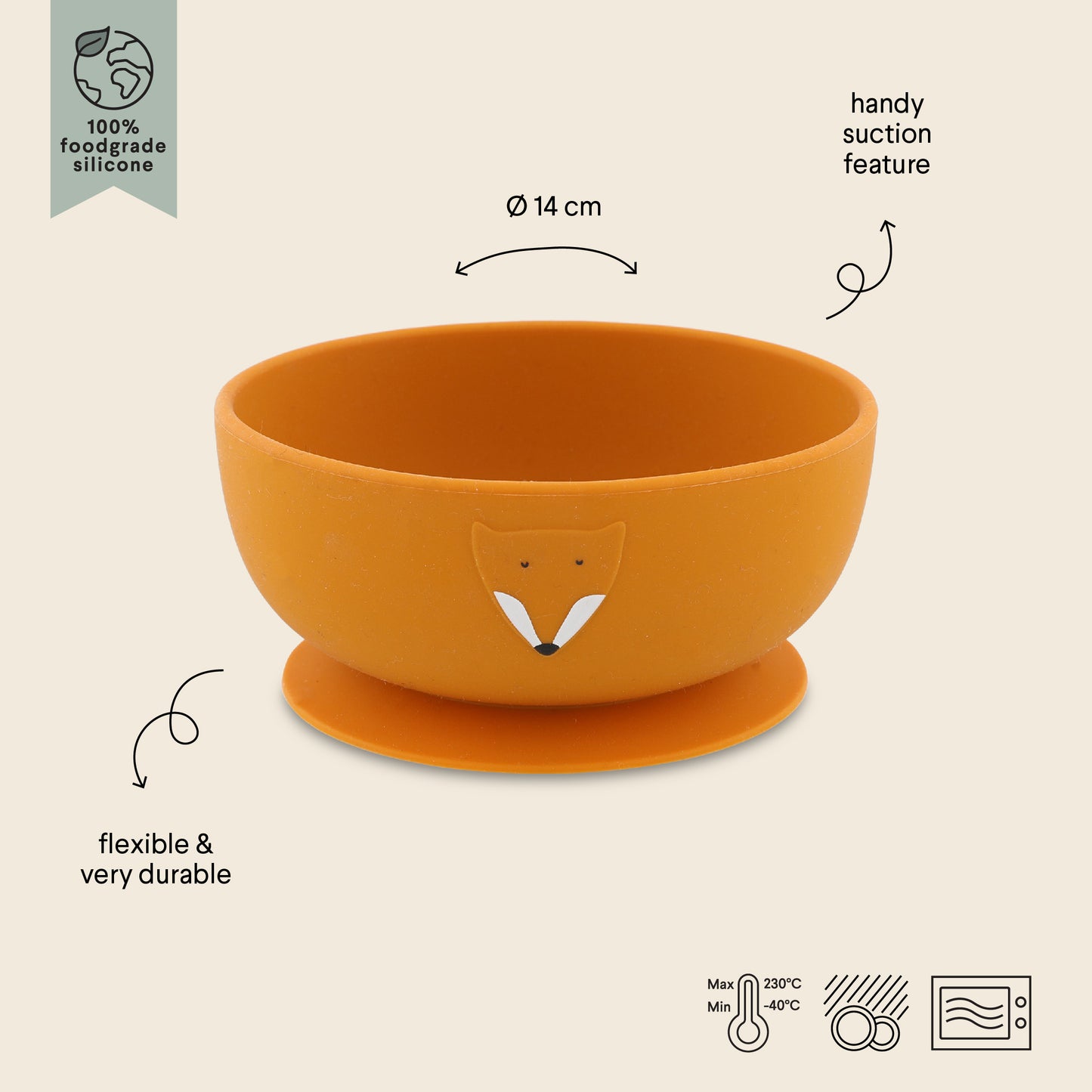 Silikon-Schüssel Trixie Mr. Fox in Creme mit Fuchs-Design und schwarzem Saugnapf