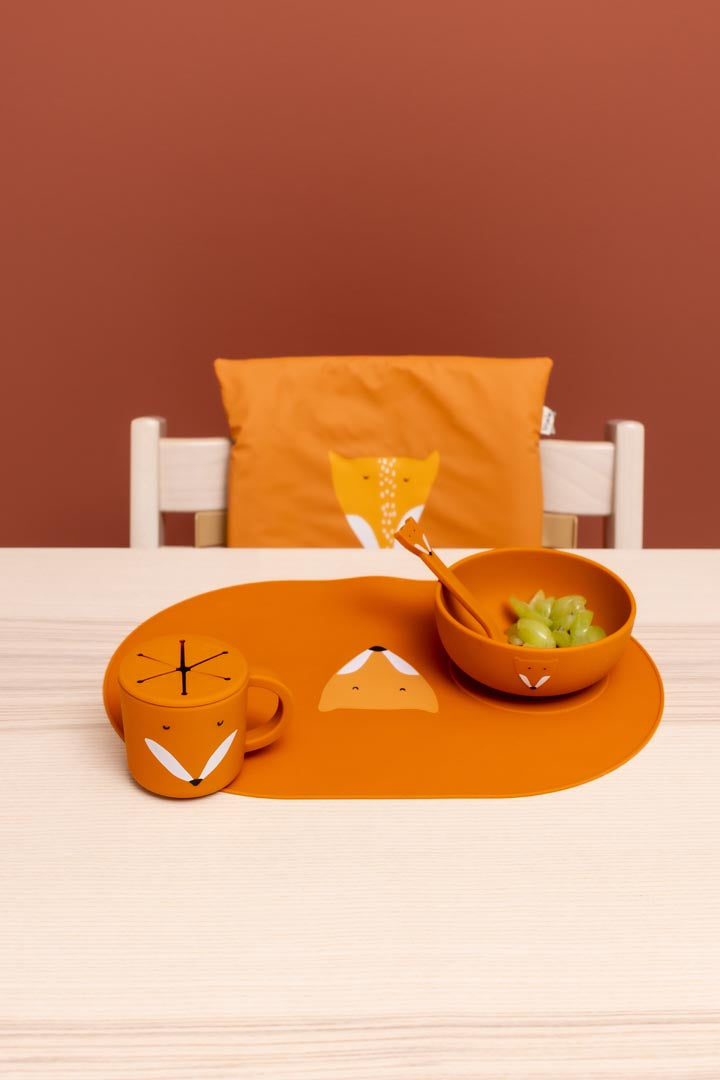Silikon-Schüssel Trixie Mr. Fox in Creme mit Fuchs-Design und schwarzem Saugnapf