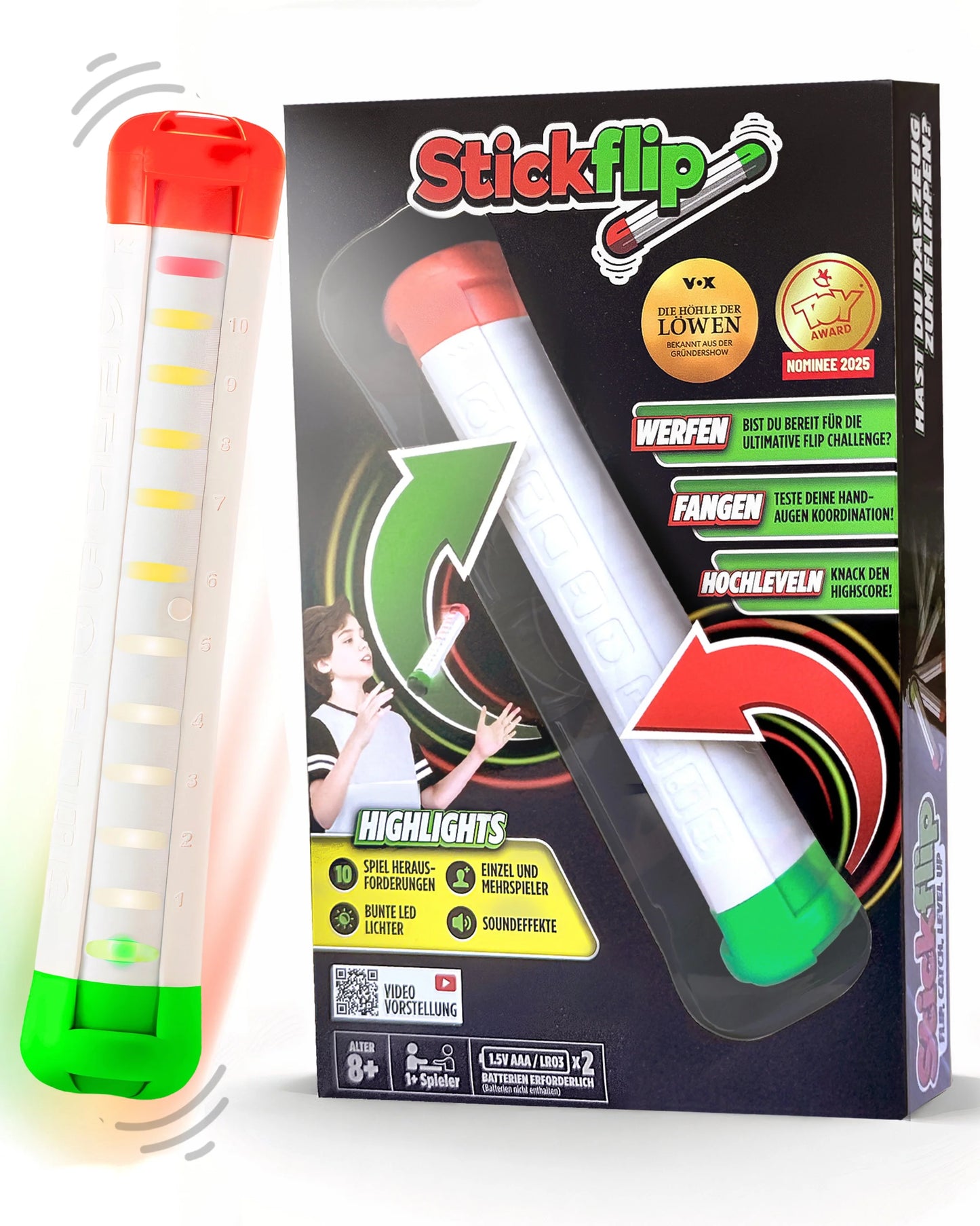 Stickflip Geschicklichkeitsspiel mit bunten Sticks und digitaler Anzeige