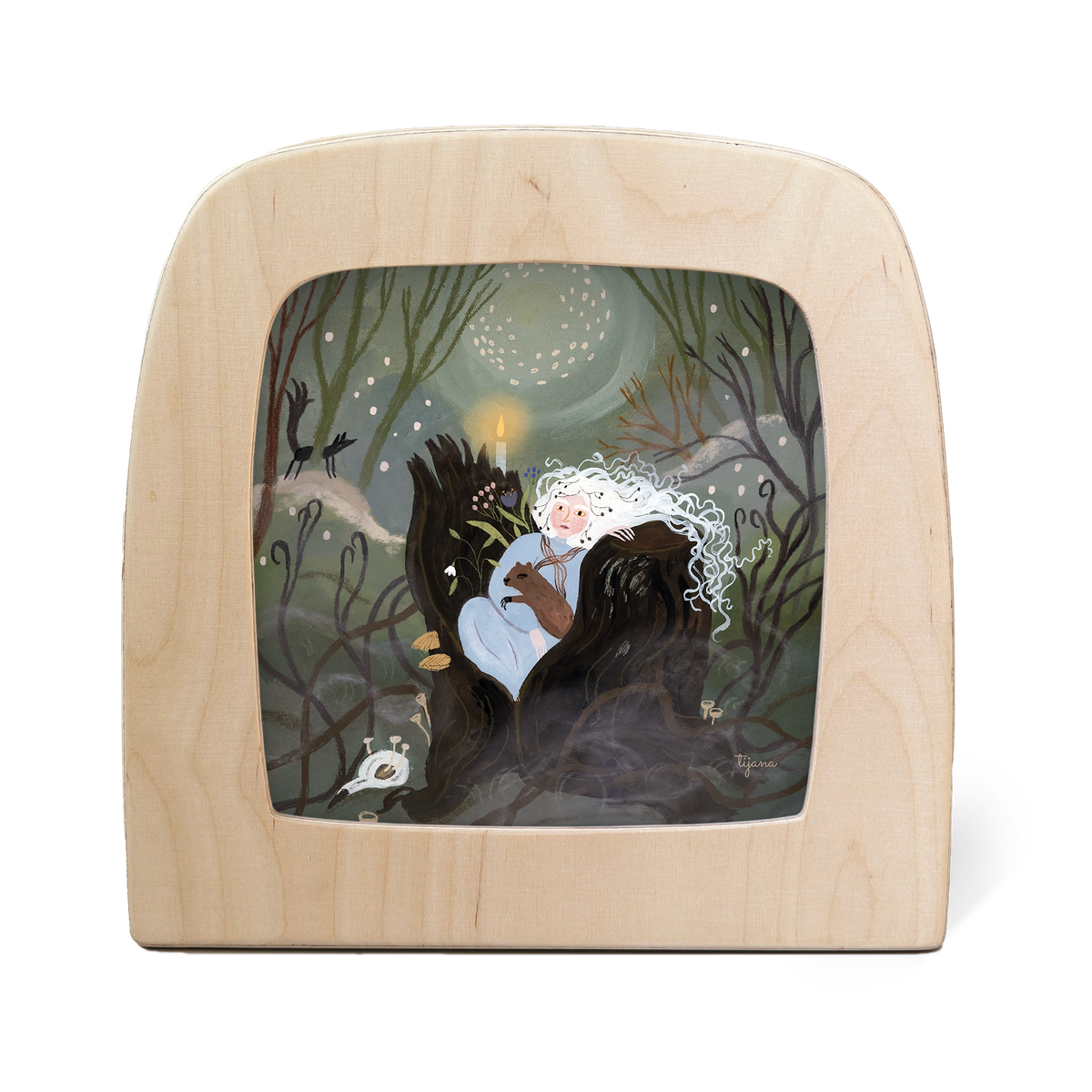 Toverlux Silhouettenlampe aus Holz mit ausgeschnittener Vorderseite, Waldszene mit schwarzem Frauenprofil und weißer Krone