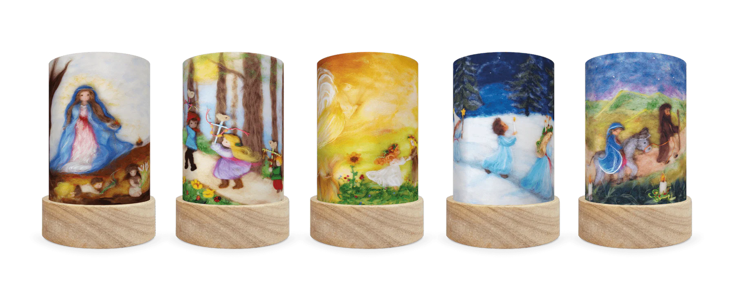 Toverlux Silhouettenlaterne mit 5 gefalteten Lampenschirmen in Waldorf-Design mit Naturmotiven