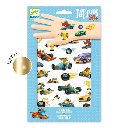 Tattoo-Sticker Rennwagen von Djeco mit bunten detailreichen Rennmotiven