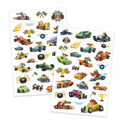 Tattoo-Sticker Rennwagen von Djeco mit bunten detailreichen Rennmotiven