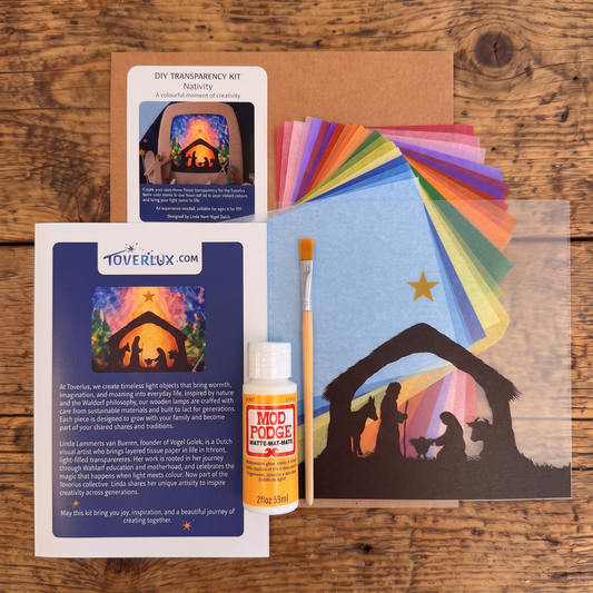 Toverlux DIY Transparentbild Krippe: Anleitung, Seidenpapier in vielen Farben, Stall-Silhouette, Kleber und Pinsel