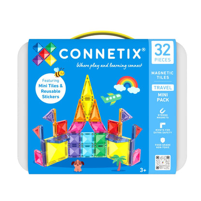 Connetix Travel Mini Pack mit 32 Teilen im Koffer mit gelbem Griff, Verpackung