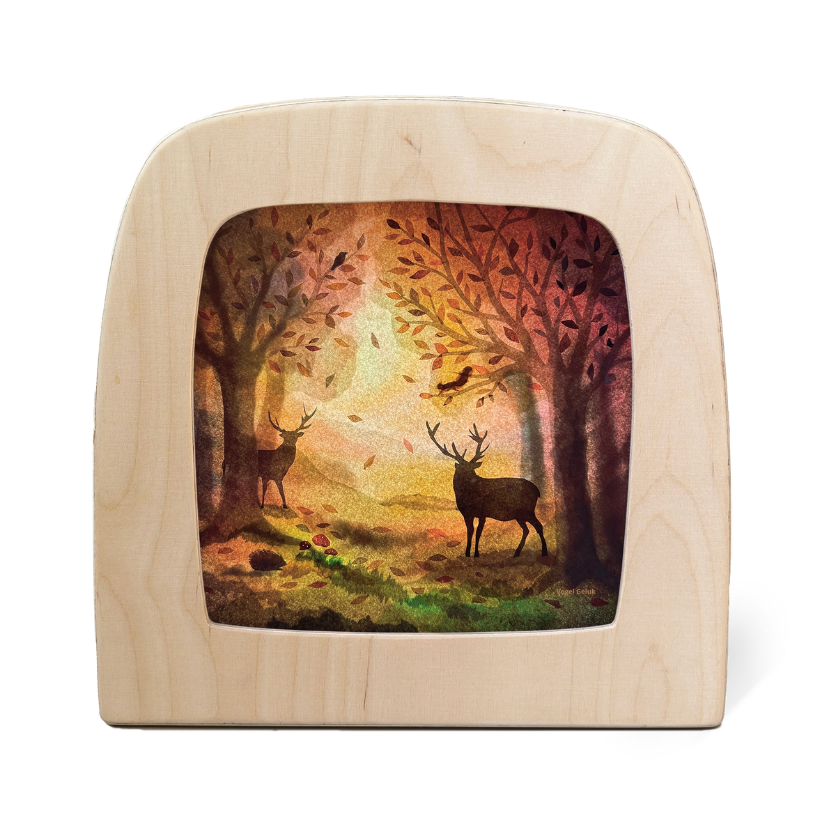 Toverlux Komorebi Silhouettenlampe mit Holzrahmen, zwei Hirsche im Herbstwald mit warmem Gegenlicht