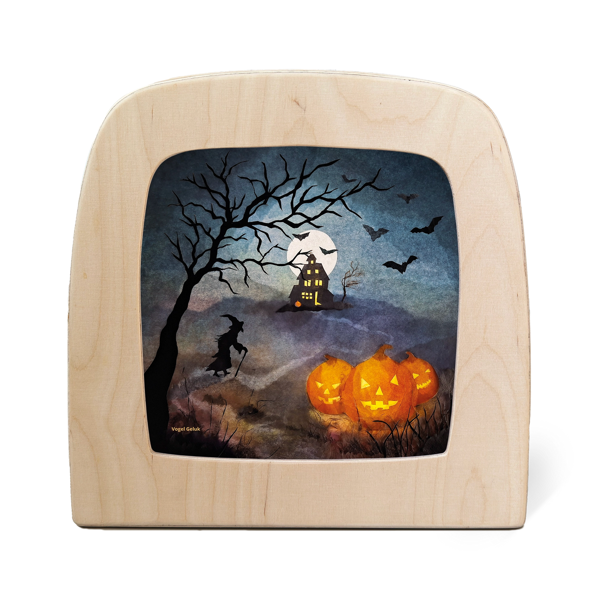 Toverlux Silhouettenlampe mit Holzrahmen, leuchtende Kürbisse und Halloween-Szene mit Baum und Hexenhaus