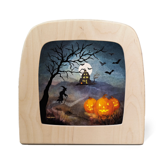 Toverlux Silhouettenlampe mit Holzrahmen, leuchtende Kürbisse und Halloween-Szene mit Baum und Hexenhaus