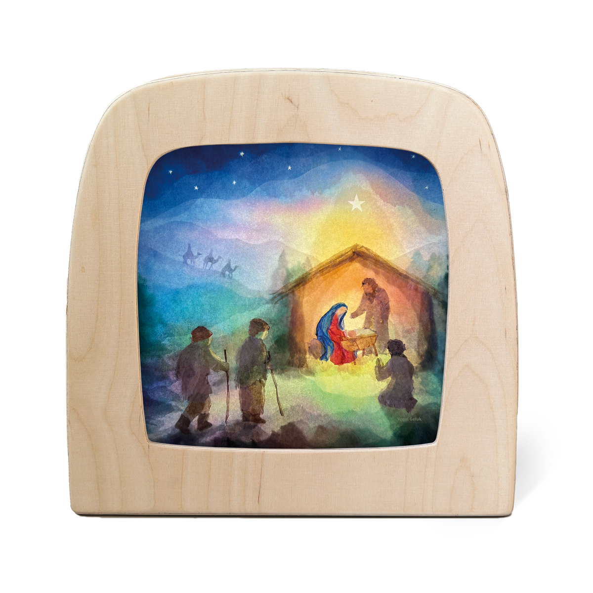 Toverlux Silhouettenlampe aus hellem Holz, leuchtende Krippe mit Maria, Josef und Kind, Hirten und Stern