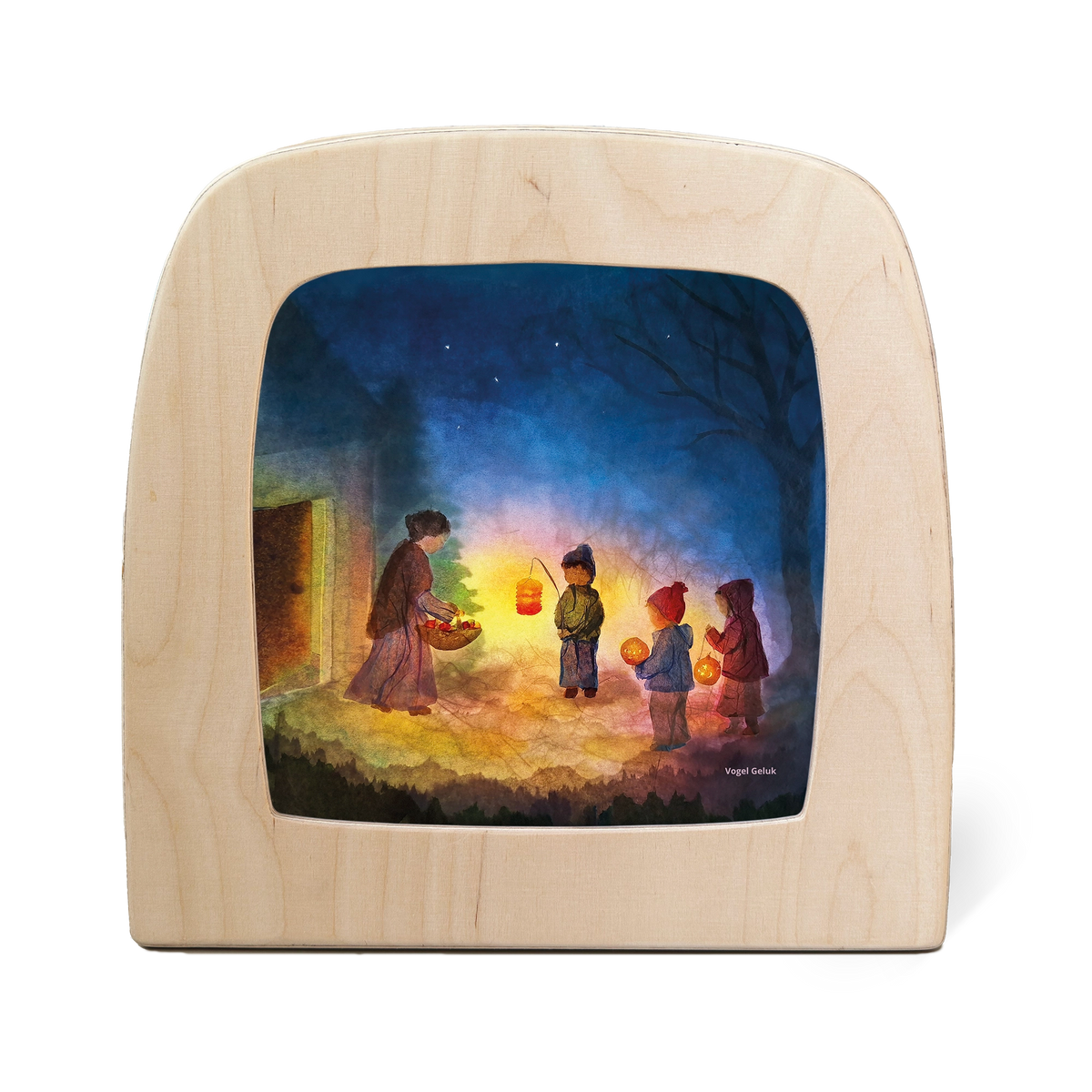 Toverlux Silhouettenlampe aus Holz mit fünf Kindern um leuchtende Laterne bei Nacht