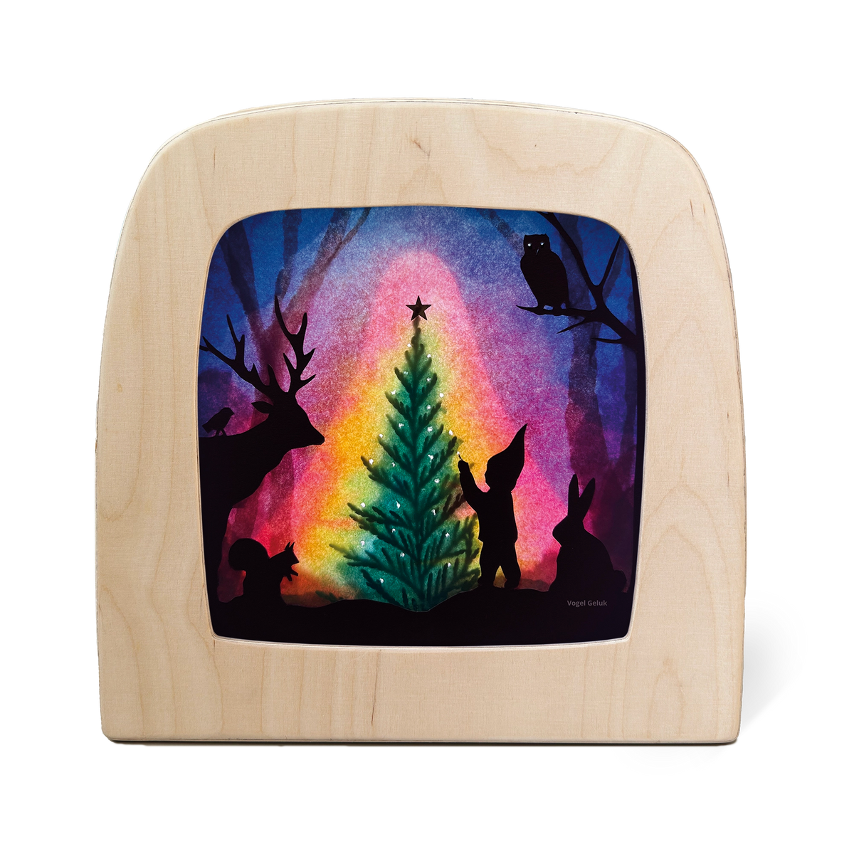 Toverlux Silhouettenlampe mit Weihnachtsbaum in Regenbogenfarben und Waldtieren als Silhouetten, Holzrahmen