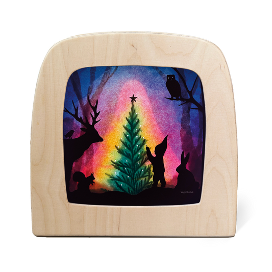 Toverlux Silhouettenlampe mit Weihnachtsbaum in Regenbogenfarben und Waldtieren als Silhouetten, Holzrahmen