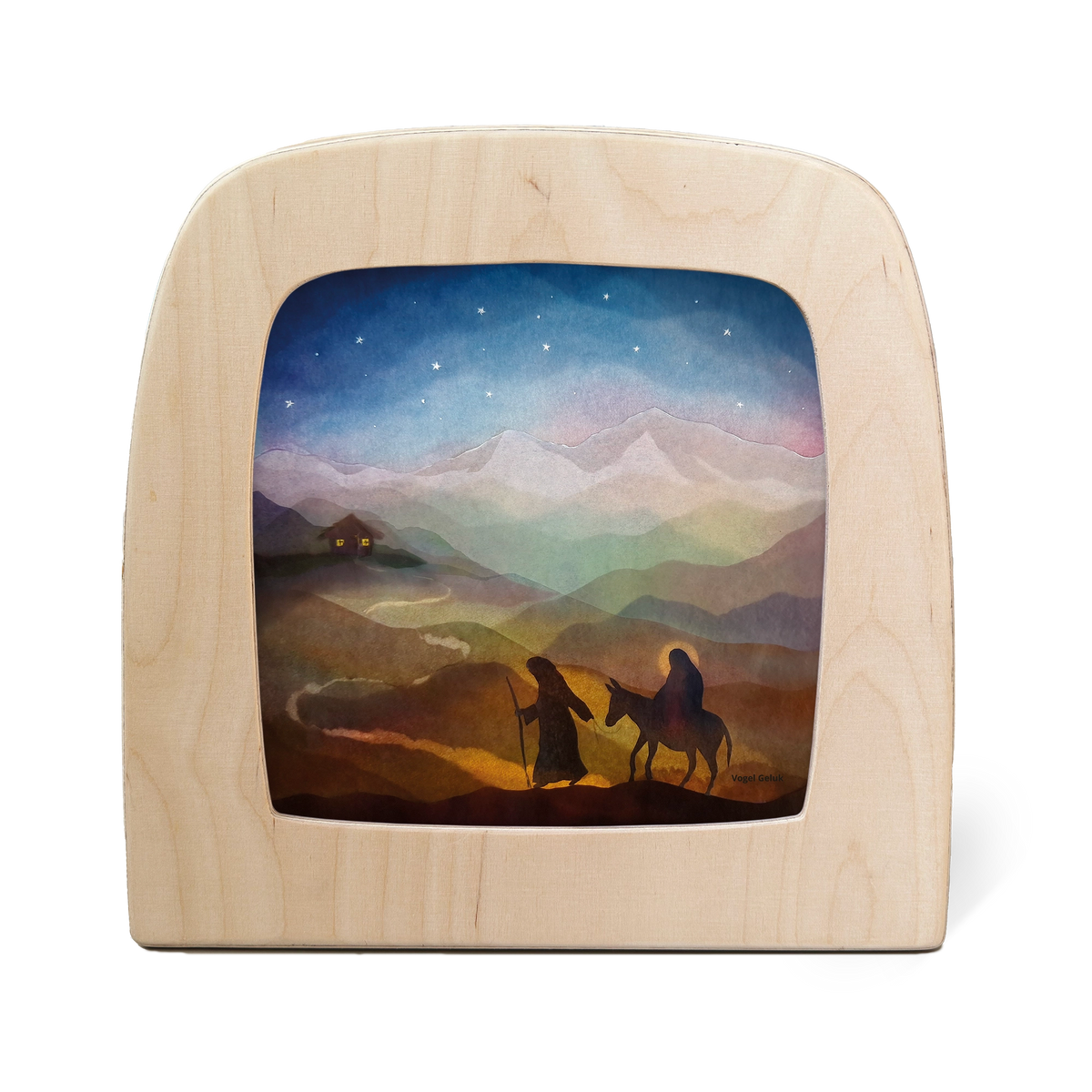 Toverlux Silhouettenlampe mit Holzrahmen, Kamelreiter vor Berglandschaft und Sternenhimmel