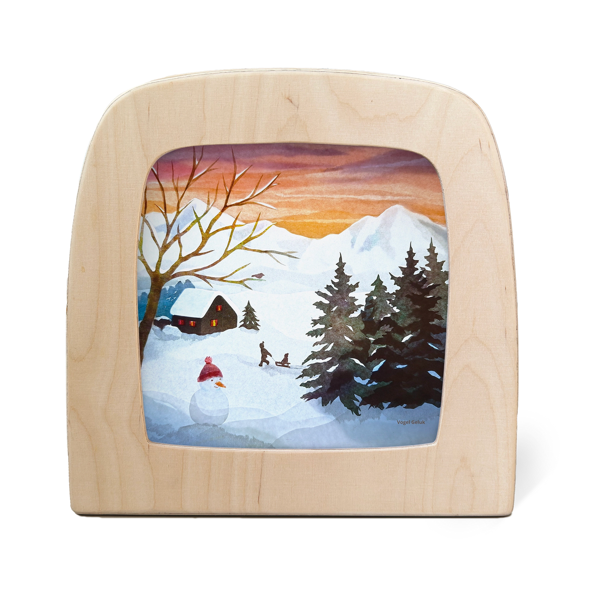 Toverlux Silhouettenlampe aus Holz mit winterlicher Szene: Schneemann, Kinder beim Schlittenfahren, Nadelbäume und