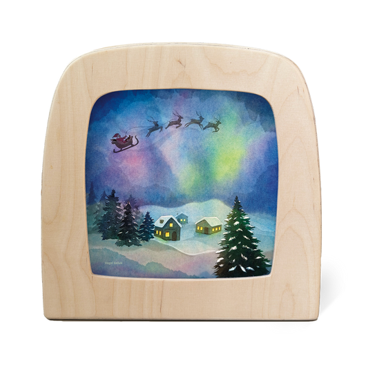 Toverlux Silhouettenlampe Aurora Sleighride, Holzrahmen, leuchtende Winterszene mit Nordlichtern und Schlitten