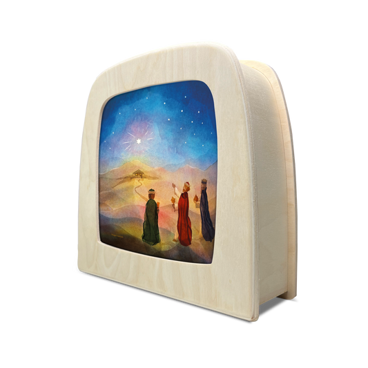 Toverlux Holzlampe von der Seite mit der Silhouette Star Path, drei Könige vor Hügeln