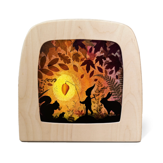 Toverlux Vogel Geluk Silhouettenlampe aus Holz mit leuchtender Herbstszene und Tierschatten