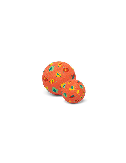 Weicher Kleinkinderball Little L in Leuchtend Orange mit bunten Vogelmotiven
