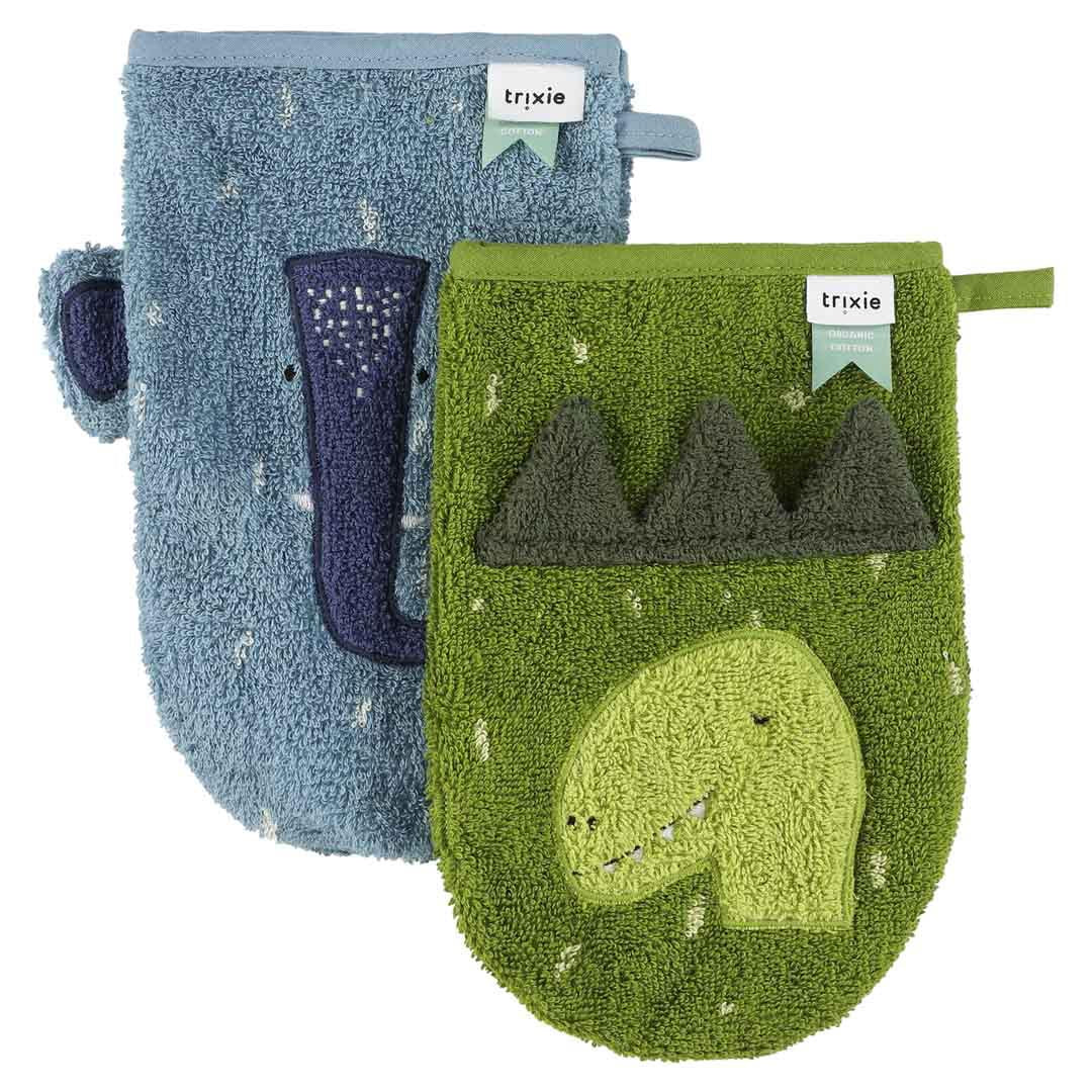 Zwei Baumwoll-Waschhandschuhe Trixie mit Dinosaurier und Elefant in Grau und Rosa