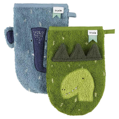 Zwei Baumwoll-Waschhandschuhe Trixie mit Dinosaurier und Elefant in Grau und Rosa