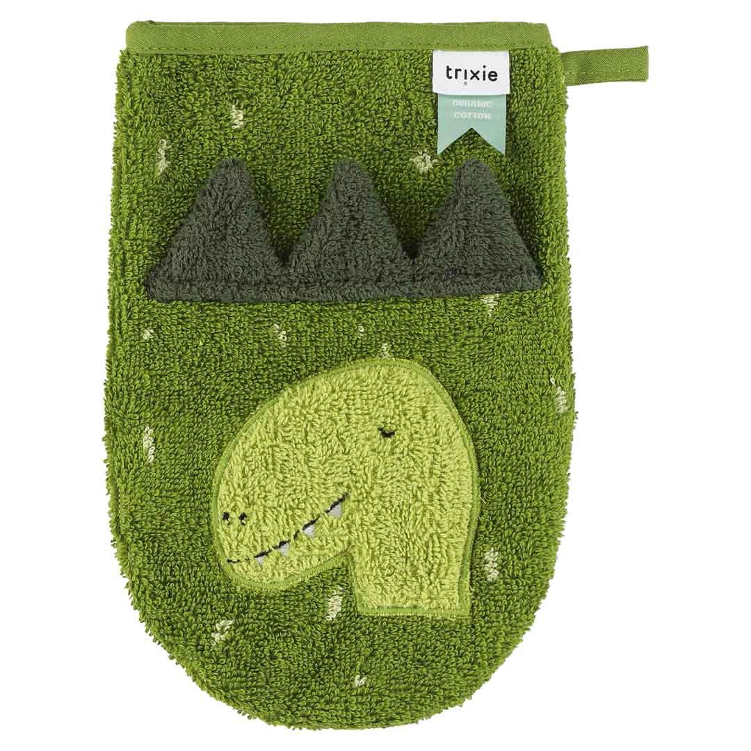 Zwei Baumwoll-Waschhandschuhe Trixie mit Dinosaurier und Elefant in Grau und Rosa