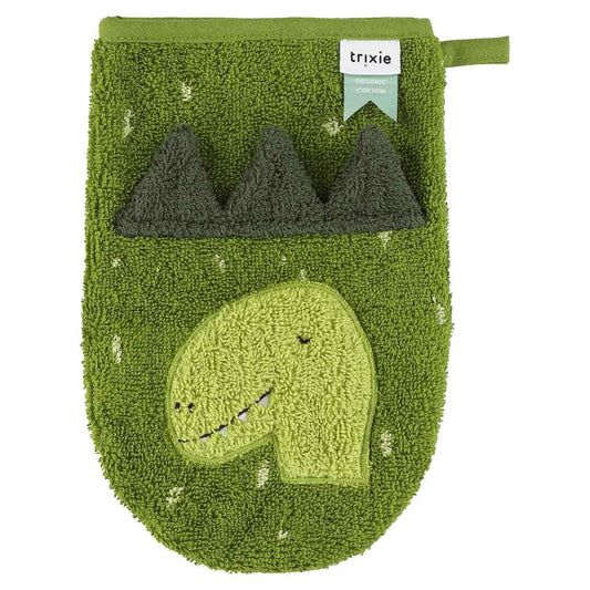 Zwei Baumwoll-Waschhandschuhe Trixie mit Dinosaurier und Elefant in Grau und Rosa