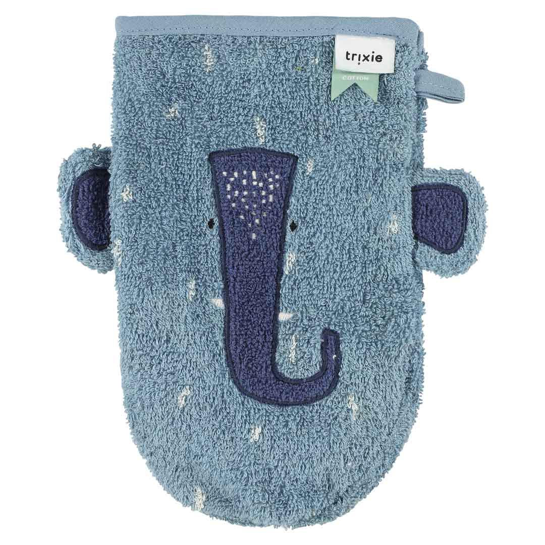 Zwei Baumwoll-Waschhandschuhe Trixie mit Dinosaurier und Elefant in Grau und Rosa