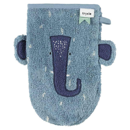 Zwei Baumwoll-Waschhandschuhe Trixie mit Dinosaurier und Elefant in Grau und Rosa