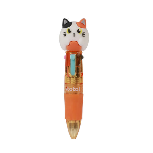 Mini-Kugelschreiber mit vier Farben, Kopf als weiße Katze mit orangefarbenen Flecken, freigestellt