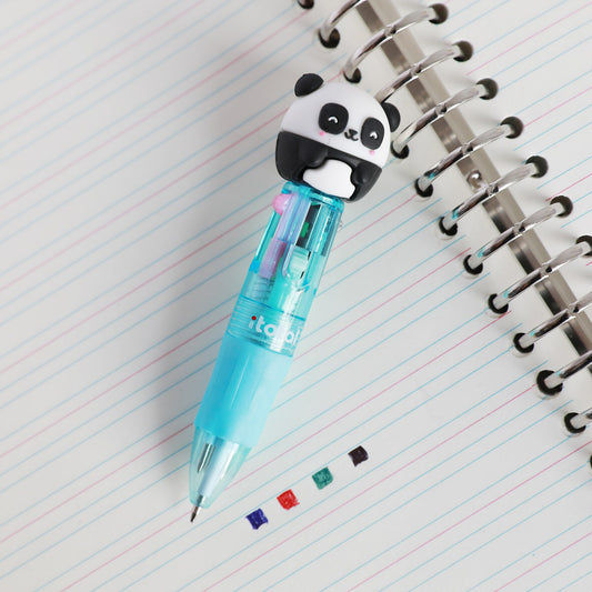 Mini-Stift mit Kopf als Panda auf einem Spiralblock, daneben Punkte in den vier Tintenfarben