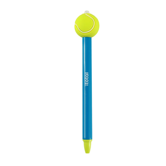 Radierbarer Kugelschreiber mit Tennisball-Kappe und blauem Schaft, freigestellt