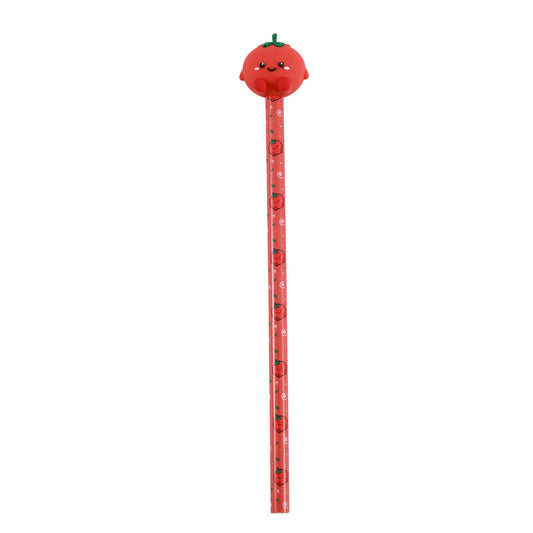 Bleistift mit 3D-Figur Tomate am Ende, der Schaft mit demselben Motiv bedruckt, freigestellt