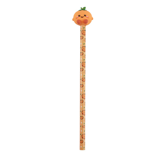 Bleistift mit 3D-Figur Orange am Ende, der Schaft mit demselben Motiv bedruckt, freigestellt