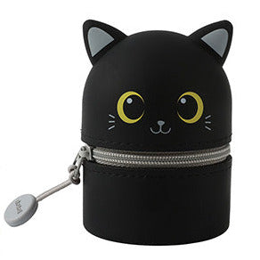 Schwarzes Silikon-Etui i-Total in Katzenform mit gelben Augen und silbernem Reißverschluss